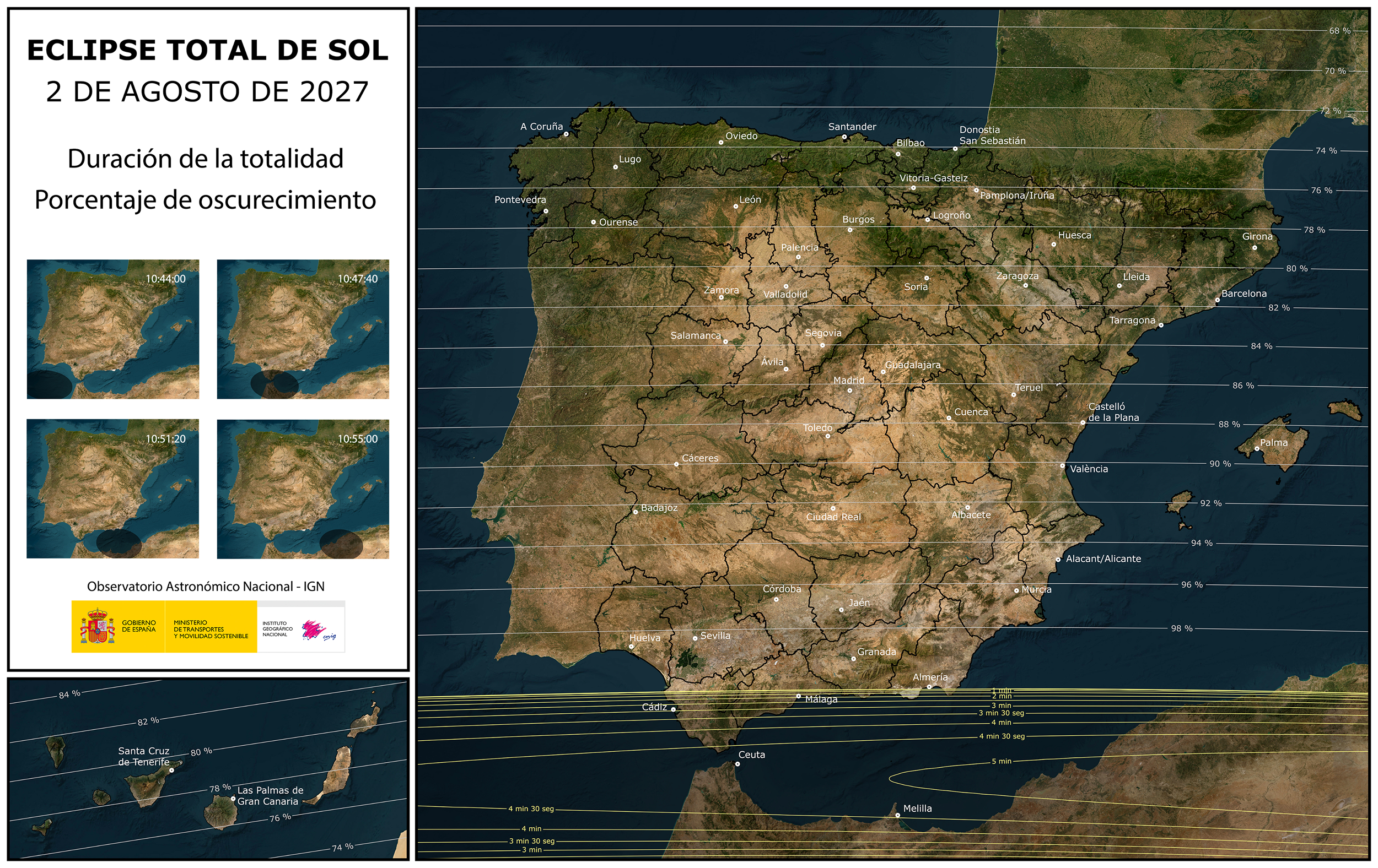 Mapa IGN de duración de totalidad y oscurecimiento del eclipse solar total 2 agosto 2027