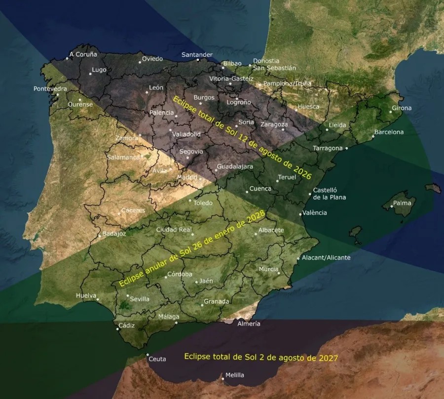 Franjas de totalidad 2026 y 2027 y de anularidad 2028 sobre España — mapa IGN