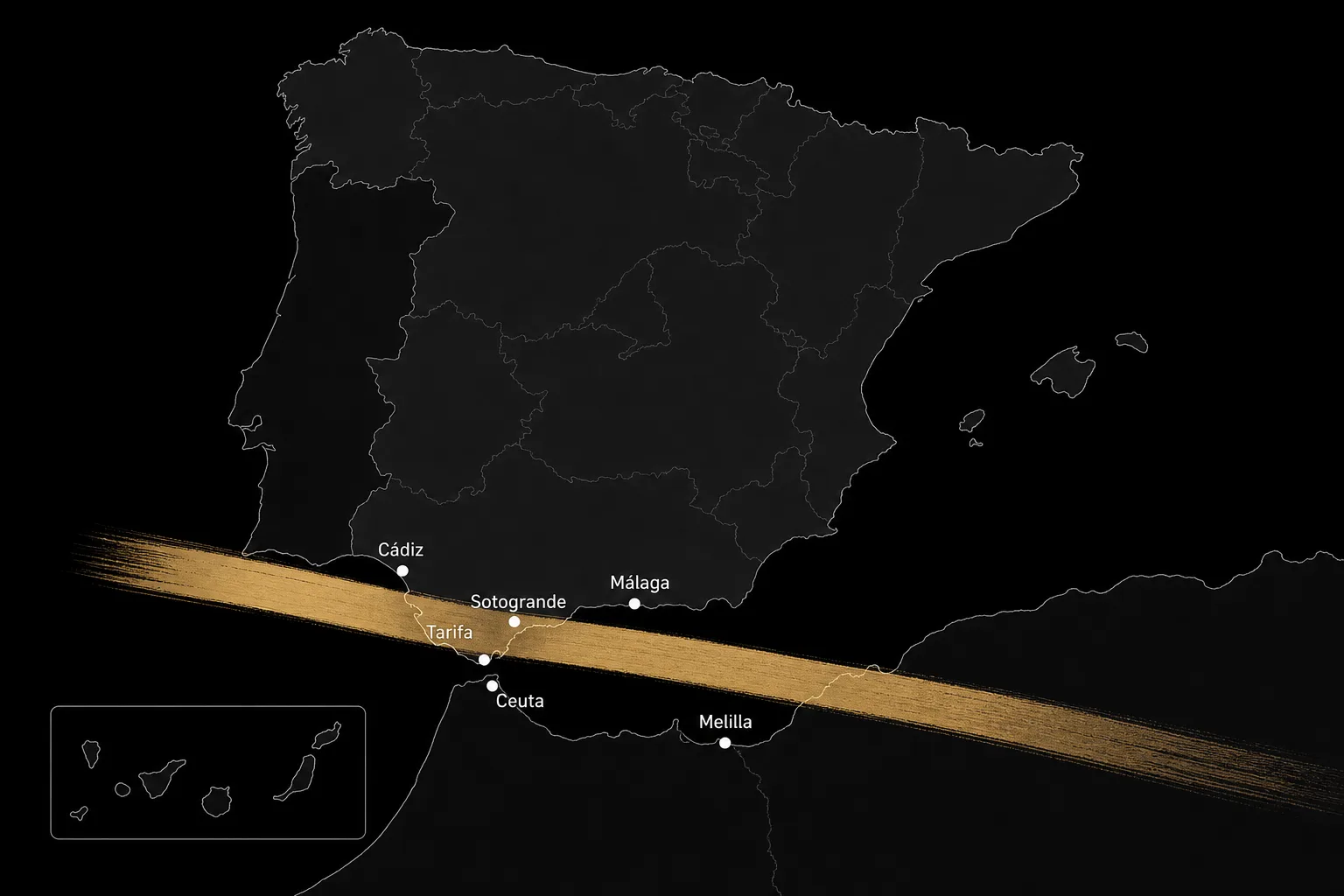 Map of the 2 August 2027 total solar eclipse in Spain — totality path over Strait, Ceuta, Cádiz, Málaga and Sotogrande