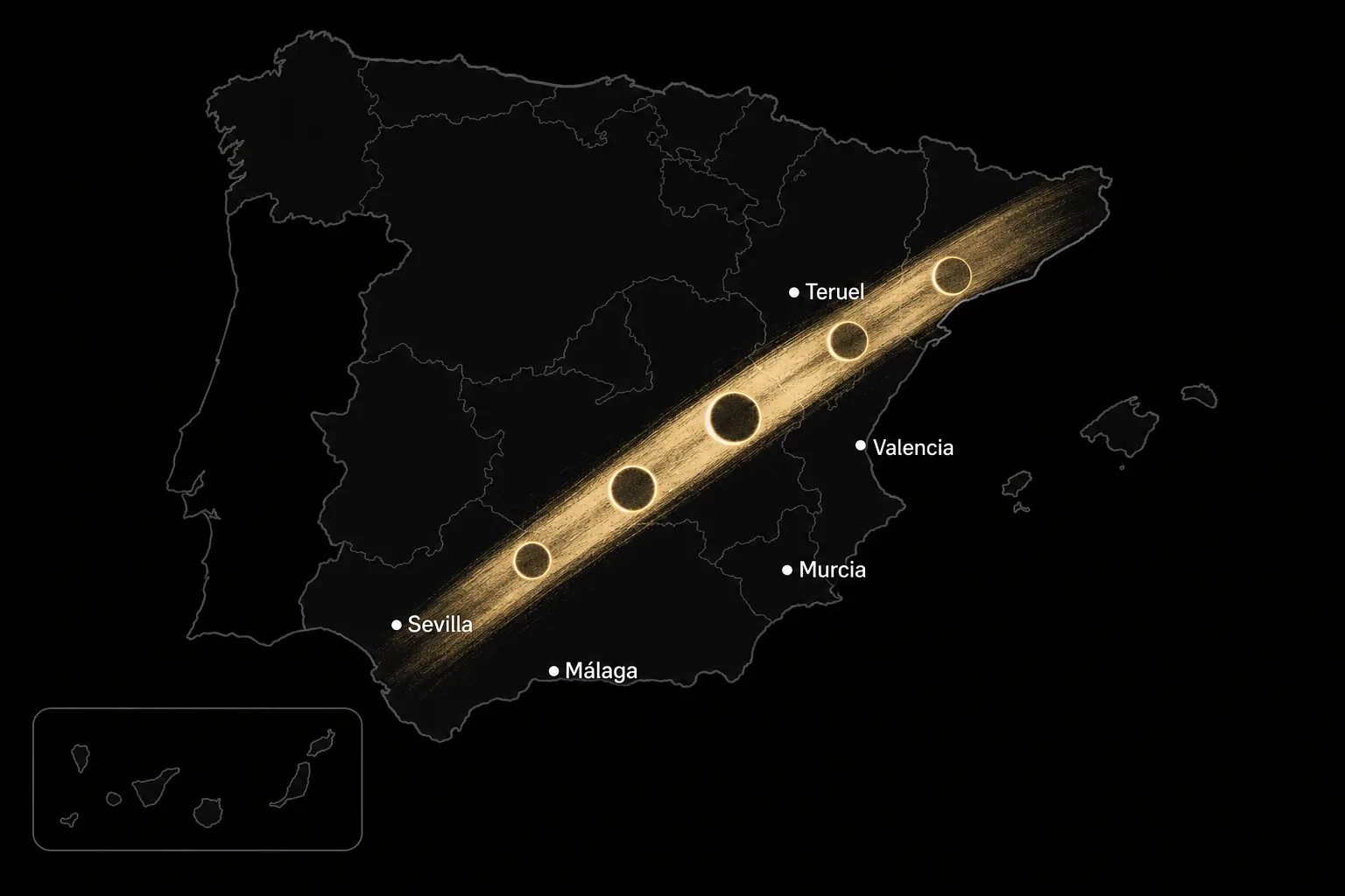 Map of the 26 January 2028 annular solar eclipse in Spain — ring-of-fire path from Seville to Valencia