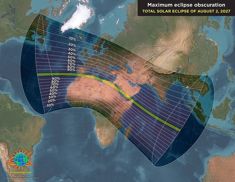 Mapa IGN de duración de totalidad y oscurecimiento del eclipse solar total 2 agosto 2027