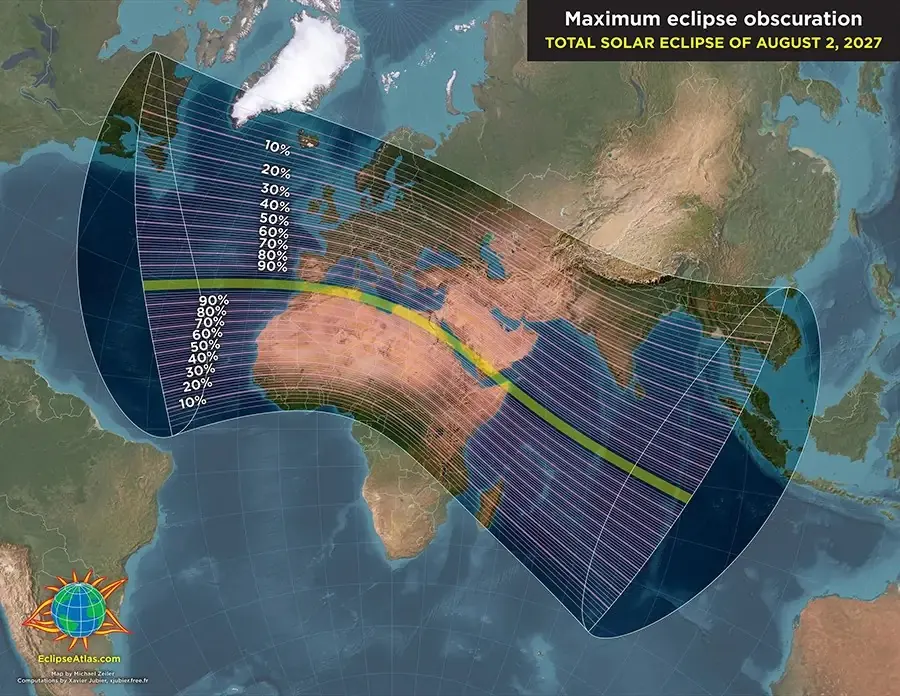 IGN map of totality duration and obscuration for the August 2, 2027 total solar eclipse
